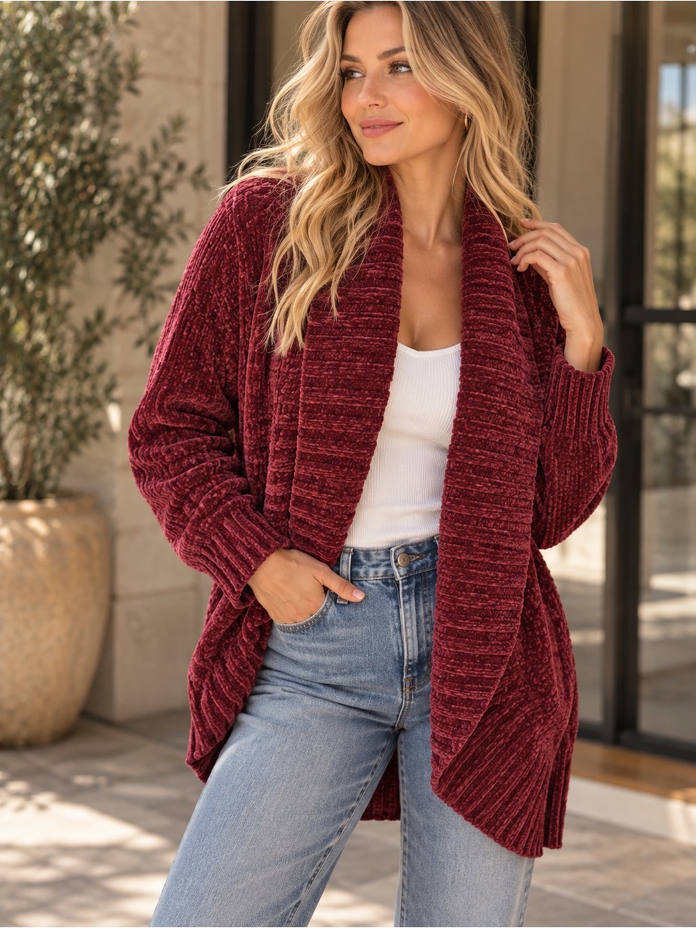 a new day Burgundy Chenille Open-Front Cardigan